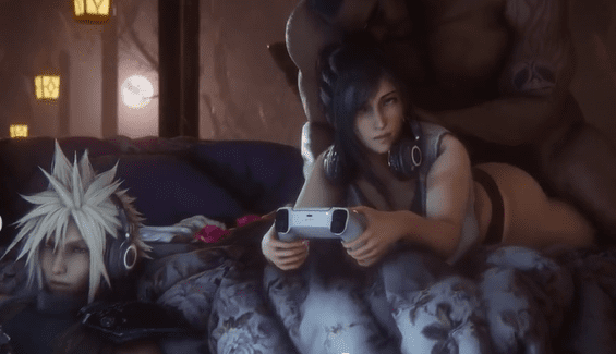 Final Fantasy: Tifa and Cloud game while Barret pounds her